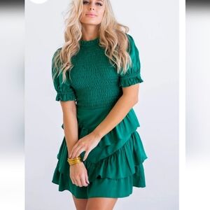 KARLIE Satin Puff Sleeve Smocked Layered Skirt Mini Dress. Emerald Green. SM